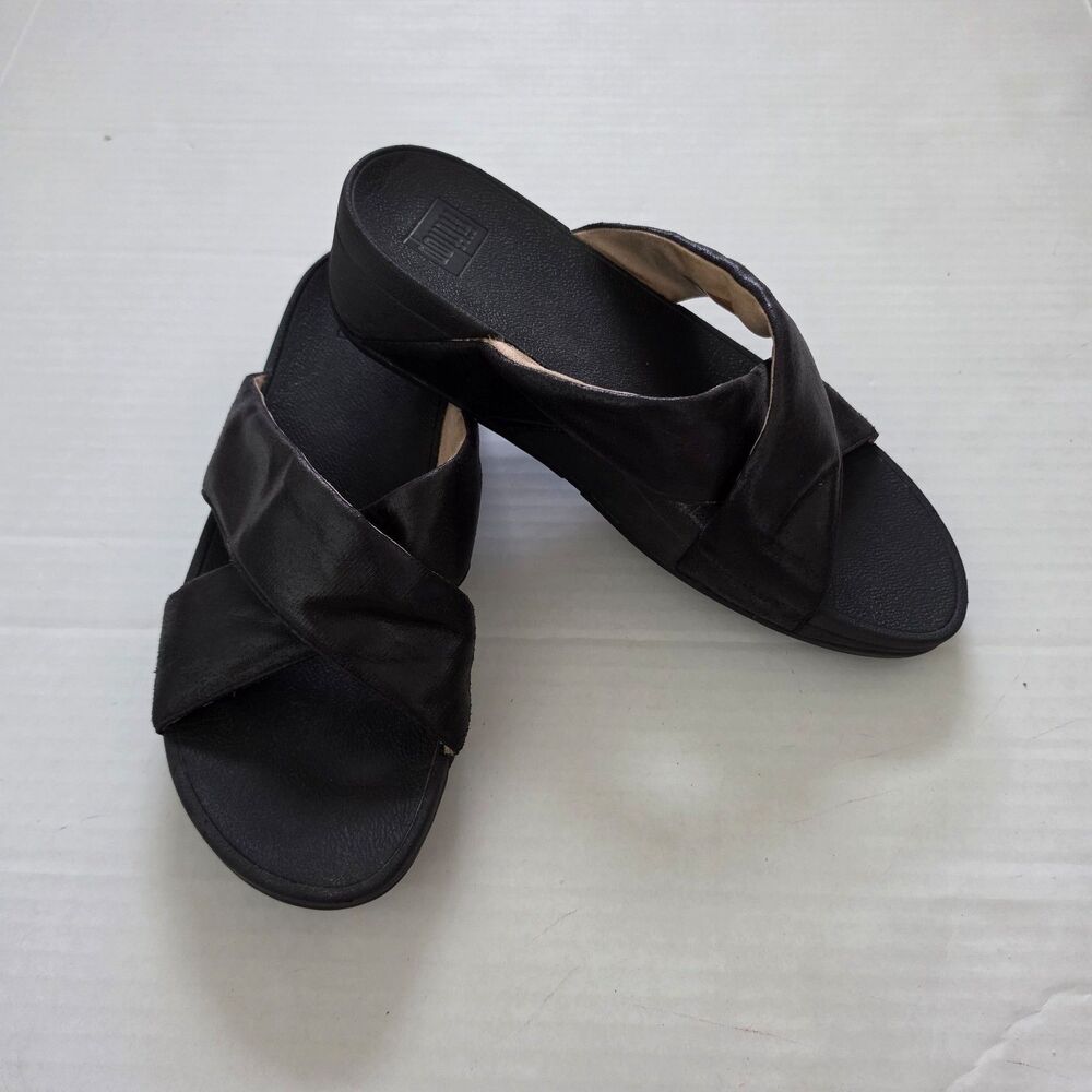 FitFlop Lulu Cross Glitz Slide Sandals Womens Size 9 Black